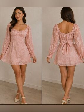 Thirty/Thirty Pink Flirty Textured Coquette Sweetheart Flowy Short Tie Bow Dress